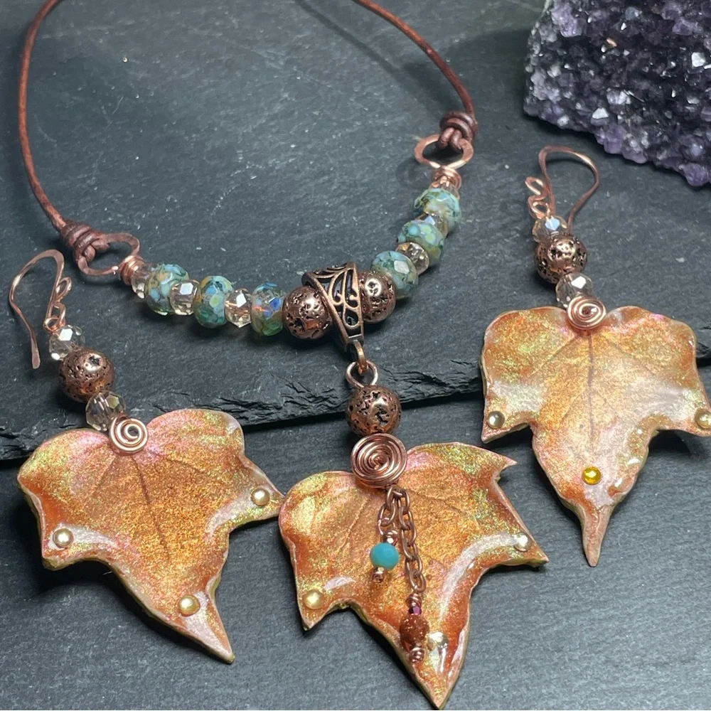 Autumn Leaf Jewelry Set Fairycore Earrings And Pendant | Artisan Jewelry